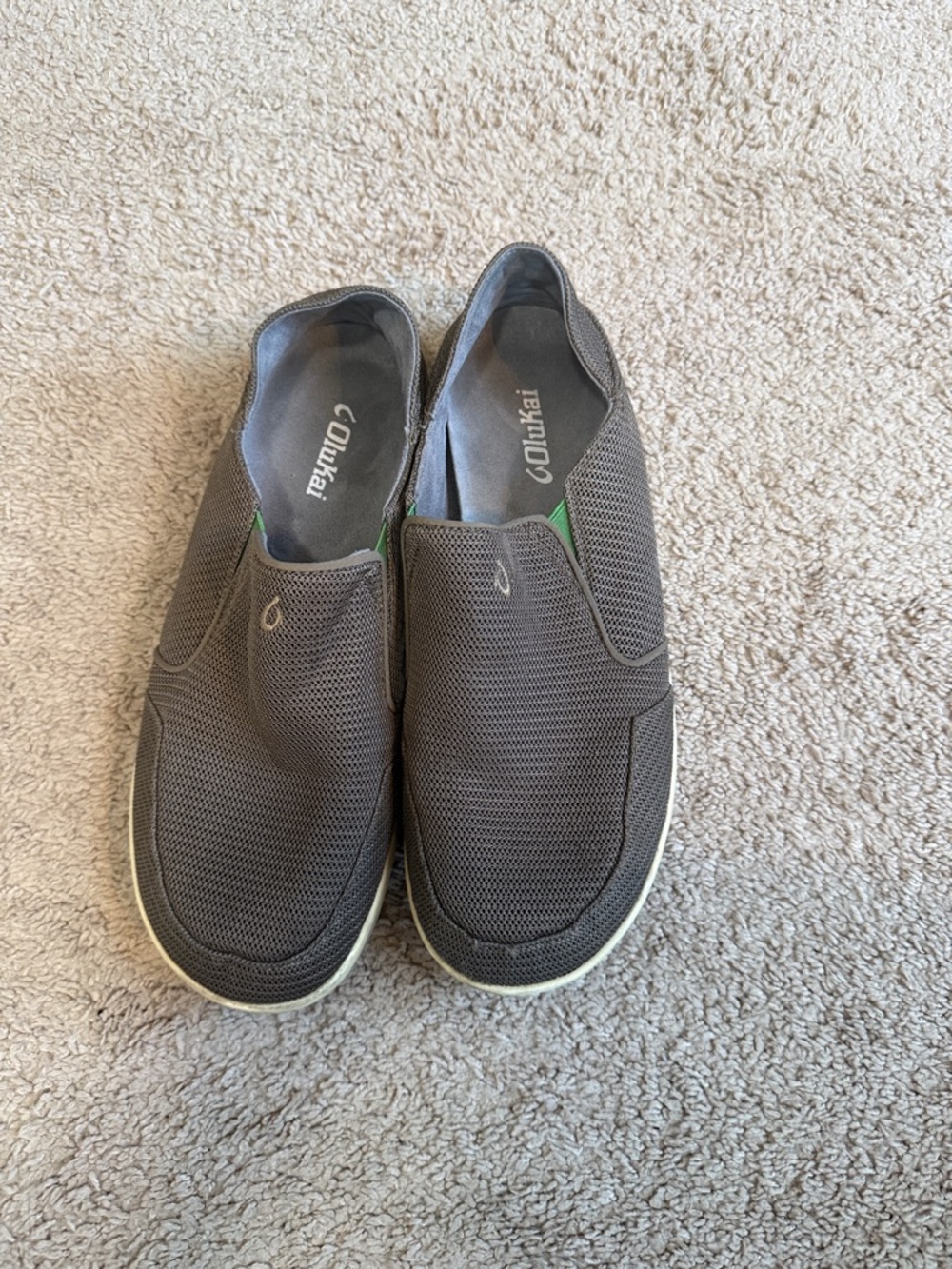 OluKai Men’s Charcoal Mesh Slip-On Loafers with Green Accents